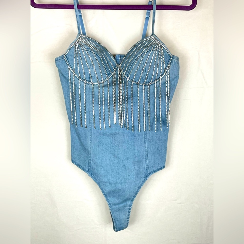 Blache Denim Rhinestone Fringe Bodysuit- Medium